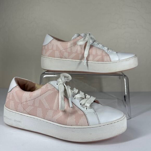 Michael Michael Kors Poppy Lace-Up Sneakers Pink White Size 10 Designer Leather - Picture 1 of 10